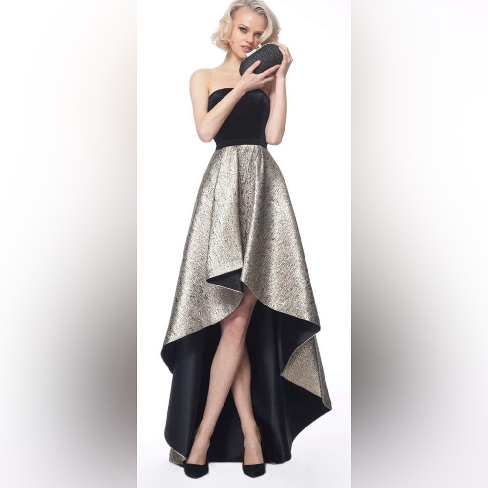 Strapless High-Low Evening Dress in Black and Silver